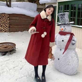 加絨加厚高階感2024冬季新款超好看牛角扣呢子大衣女毛呢外套長款