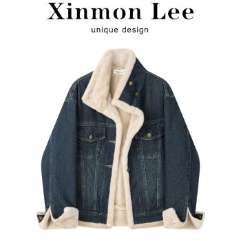 XinmonLee氣質韓版港風復古黑藍色高階感加絨加厚牛仔夾克外套冬