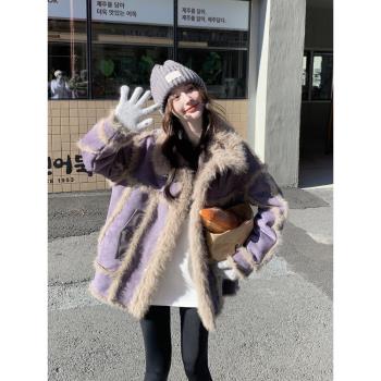 紫色仿皮草麂皮絨皮毛一體保暖加厚羊羔毛短外套女冬季新款小個子