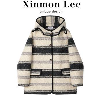 XinmonLee設計感復古撞色滾邊連帽大衣外套秋冬季高階羊羔毛上衣