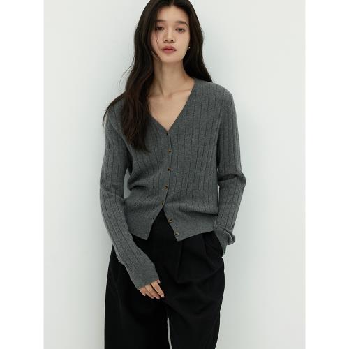 之華/14針坑條針法 康賽妮AU系列純羊絨極簡顯瘦v領紐扣開衫外套