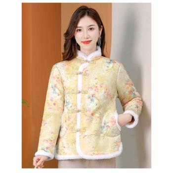 冬季網紅國風加厚新款中式棉襖棉衣加絨復古鹿皮棉服盤扣外套繡花