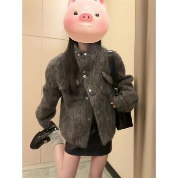 小香風灰色毛呢外套女秋冬新款韓系復古設計感單排扣加厚呢子大衣