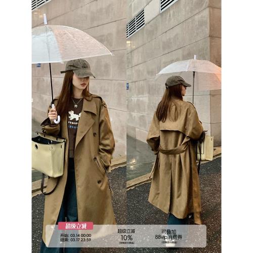 烏77英倫風大翻領雙排扣風衣外套女夏高級感氣質卡其色中長款大衣