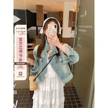 烏77港風短款牛仔外套女復古水洗寬松百搭小個子翻領夾克上衣冬季