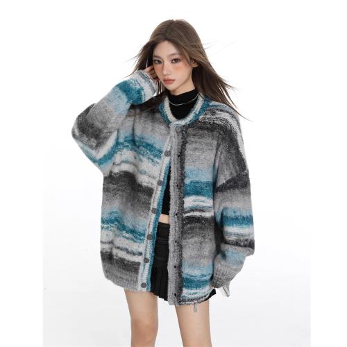 小香風美式復古條紋漸變毛衣外套女秋冬季扎染針織開衫上衣中長款