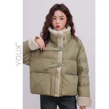 YOUX綠色復古立領保暖外套羽絨服