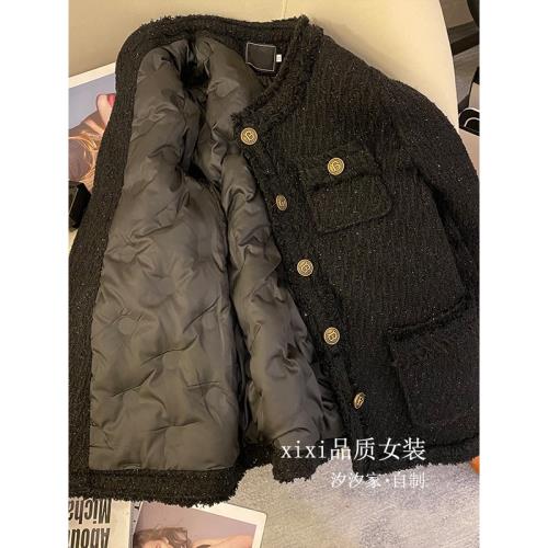 黑色小香風羽絨服女冬季2025新款高端法式流蘇亮絲內膽羊毛呢外套