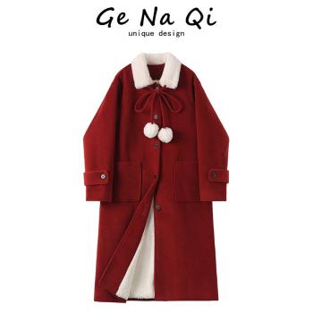 GeNaQi紅色新年加厚毛呢外套女冬季溫柔風氣質寬松顯瘦中長款大衣