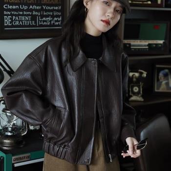 2025新款時尚深棕色皮衣外套女設計感小眾加絨pu皮夾克秋冬款上衣