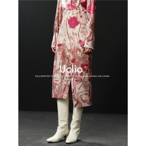 uclio【HUGS-適意叢生】妃紅_印花澳毛雙面呢短外套半身裙套裝