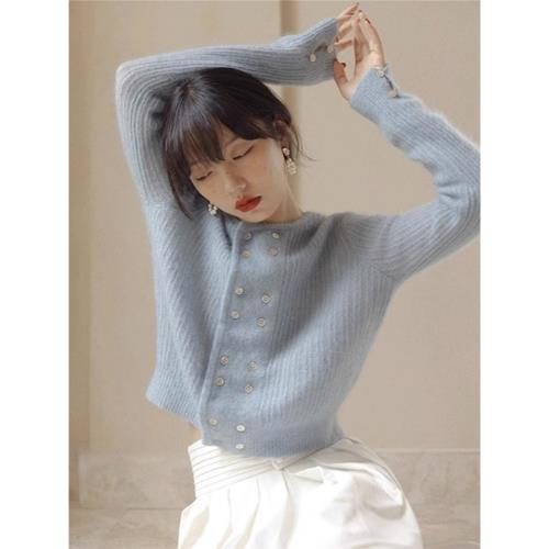 法式霧霾藍針織開衫女春秋新款復古外搭短款上衣馬海毛毛衣外套潮