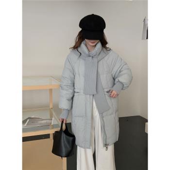 2024冬季新款韓系甜美羽絨服女中長款寬松保暖圍巾女裝白鴨絨外套