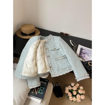 高階水藍色小香風羽絨服女冬季2024新款加厚保暖羊毛粗花呢短外套