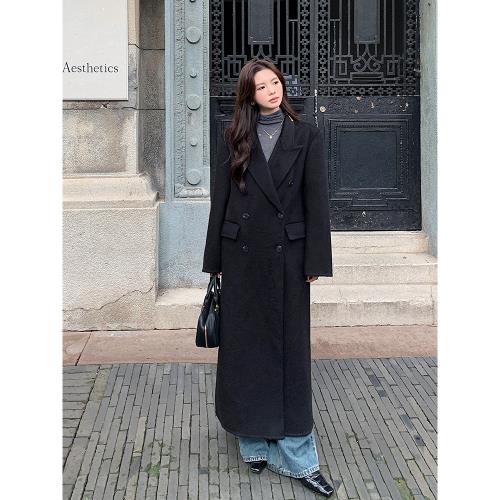 妃兒雙面羊絨大衣女秋冬氣質西裝領黑色寬松高級感中長款毛呢外套