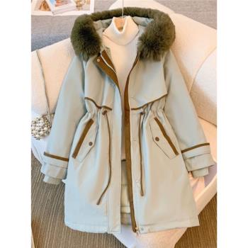 可拆卸毛領連帽派克服外套女秋冬大碼胖mm中長款收腰羽絨棉服棉衣