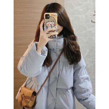 超好看藍色短款羽絨服女冬2024新款小個子保暖90白鴨絨麵包服外套