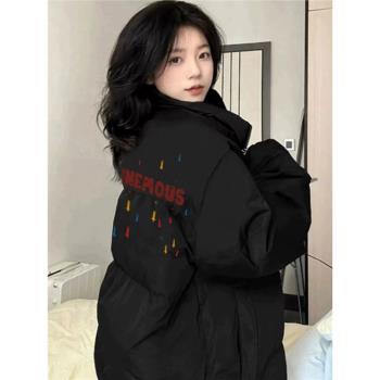 美式復古黑色立領羽絨棉服外套女2024冬季新款寬松加厚麵包服棉衣
