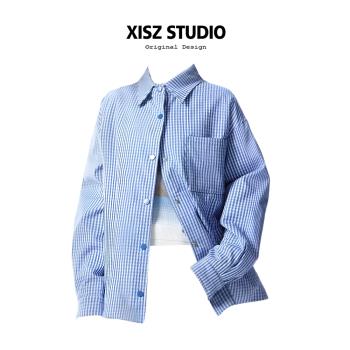 韓版藍色格子襯衫棉服外套女秋冬加厚保暖棉衣寬松廓形翻領夾克潮
