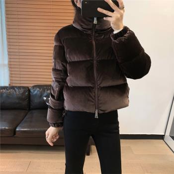 高階貴氣 絲絨光澤加厚保暖90白鵝絨立領麵包羽絨服外套女秋冬