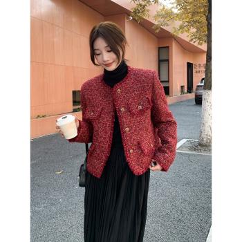 小香風紅色短款名媛粗花呢羽絨服