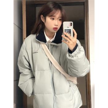 藍色短款羽絨服女小個子2024冬季韓版學生寬松90白鴨絨加厚外套新