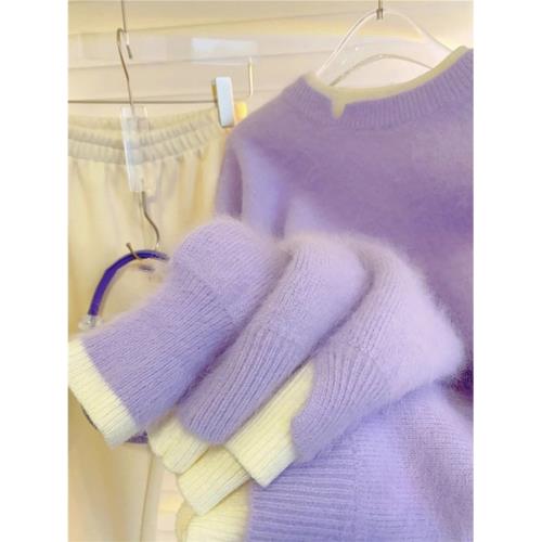 慵懶風紫色浣熊絨毛衣女裝2025新款春款高級感超好看羊絨針織衫女