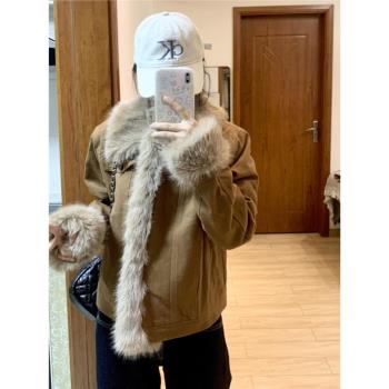 美拉德牛仔毛毛外套女秋冬新款美式復古高級感羊羔毛加絨短款棉服