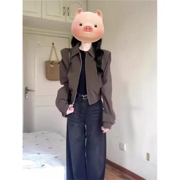 深棕色短款墊肩翻領夾克外套女秋冬港風復古美拉德穿搭慵懶棒球服