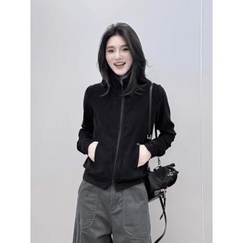 黑色雙拉鏈開衫立領衛衣外套女2024春秋新款爆款高階感長袖上衣女