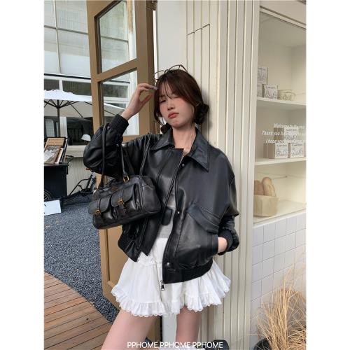 PPHOME自制~皮衣外套 曠野美拉德棕色寬松皮衣機車外套夾克小個子