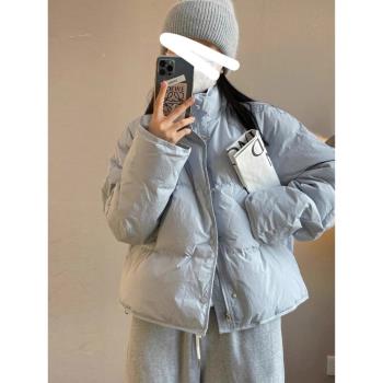 藍色短款羽絨服女2024冬季新韓版加厚寬松白鴨絨小個子麵包服外套
