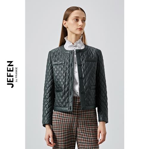 JEFEN/吉芬秋冬圓領單排扣小香風羊皮外套菱形格紋皮衣303049