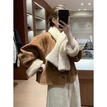 時尚簡約休閑麂皮絨圓領短外套復古皮毛一體仿羊羔毛帶圍巾上衣女