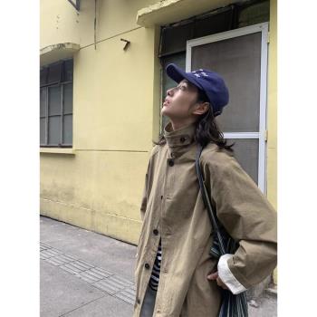 Pang You/亞麻棉鹽縮面料 秋冬領袢設計單排扣翻領短風衣外套