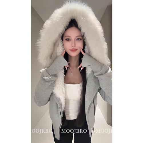 灰色拉鏈連帽毛領衛衣外套女秋冬季寬松慵懶風小個子短款加絨加厚