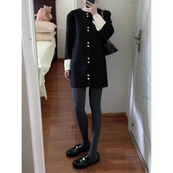 法式小香風中長款黑色夾棉加厚棉服外套女設計高級感加絨大衣冬季