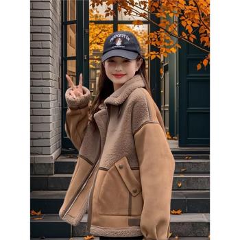 皮毛一體羊羔毛外套女2024新款冬季復古鹿麂皮絨機車服美拉德夾克