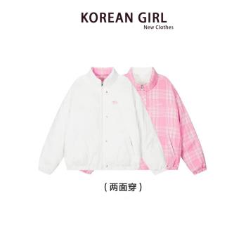 美式簡約雙面穿格子羽絨棉服女冬季加厚保暖立領麵包服棉衣外套潮