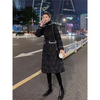 黑色羽絨服女中長款2024年新款冬季時尚白鴨絨小香風輕薄收腰外套