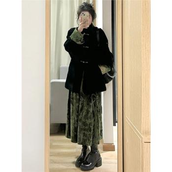 新中式女裝赫本風印花仿羊毛外套2025年冬季時尚氣質半身裙套裝女