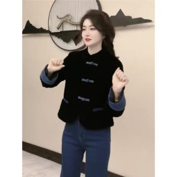 新中式短款盤扣通勤國風時尚外套2025年春秋絲絨氣質高階感上衣女