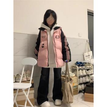 粉拼黑條紋織帶小個子羽絨服女冬季新款加厚設計感小眾麵包服棉服