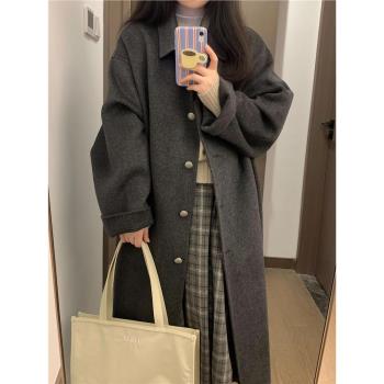 黑灰色雙面羊絨大衣女中長款2024秋冬新款韓版寬松過膝羊毛呢外套