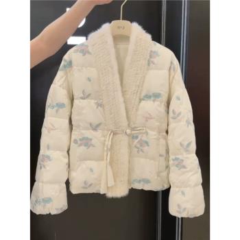 新中式唐裝輕國風高階感棉衣服2025年冬季白色印花時尚棉服外套女