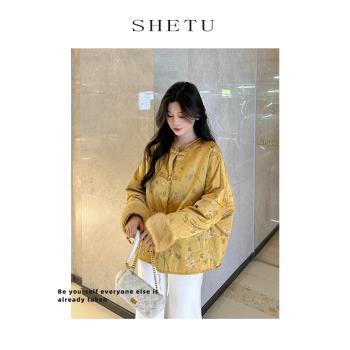 新中式復古輕國風提花國風棉服外套女冬季新款加厚夾棉盤扣棉衣