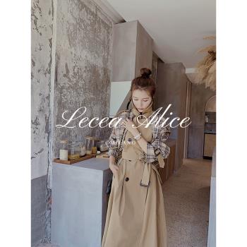 Lecea Alice中長款風衣外套女2024秋季新款韓版格子拼接氣質大衣