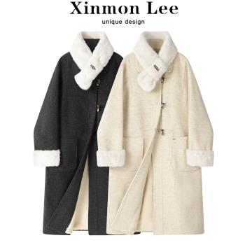 XinmonLee高階感復古洋氣減齡翻領冬季加絨毛呢外套顯瘦毛絨大衣