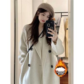 韓版高階感毛呢大衣女2024秋冬加厚羽絨內膽中長款赫本風羊絨外套