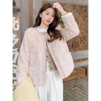 粉色小香風羽絨服女設計感小眾2024冬季新款小個子毛毛羽絨服外套
